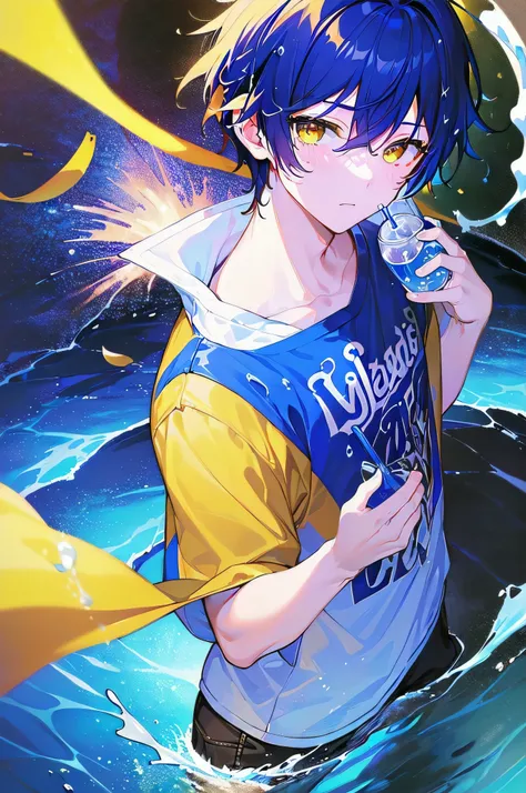 [(GALAXY BACKGROUND:1.5),::5], ((((masterpiece)))), high quality, very_high_resolution, large_filesize, full color, ((younger boy)), 13 old year, short deepblue hair, vivid color, ((yellow eye)), civilian clothes white, animestyle, (Soda Splash effect:1.3)