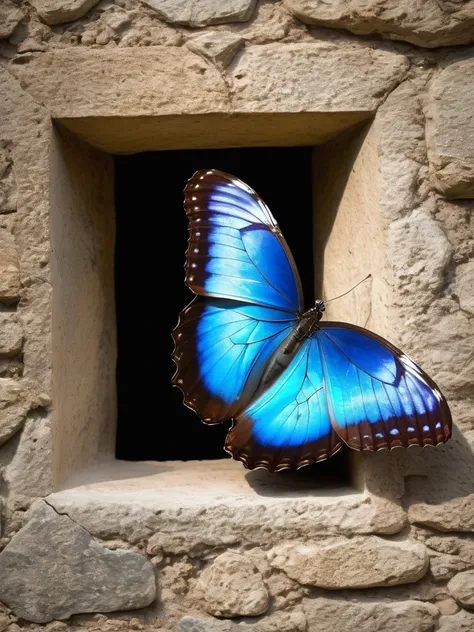 Close-up of a blue Morpho butterfly outside a rectangular stone window ，The blue butterfly is one of the most beautiful butterflies in the world，Its wings have beautiful purple、Blue and green markings，Butterfly，Flying，Confined to a small space， wallpaper ，...