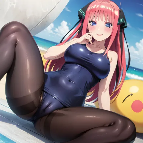 best quality, ultra-detailed masterpiece, anime art style, cute character, nino nakano, large breasts, blush, smile, one-piece swimsuit, pantyhose, pussy focus, open legs