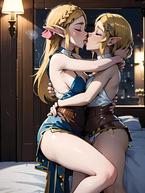 Masterpiece, stunning realistic, movie sex scene, best quality, Sharpness, 2 girls, princess zelda, lying on top of each other, kissing in bed, large breasts,, tongue kiss, closed eyes,full body (2girls, Zelda), short tight dress, sleeveless, cityscape, he...