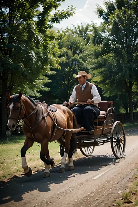 Person holding the reins of a horse pulling a cart,