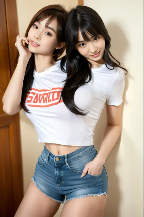 best resolution, 2heads,  korean woman with two heads , tied hair, hair bangs,  different faces, big t-shirt, denims shorts, ind...