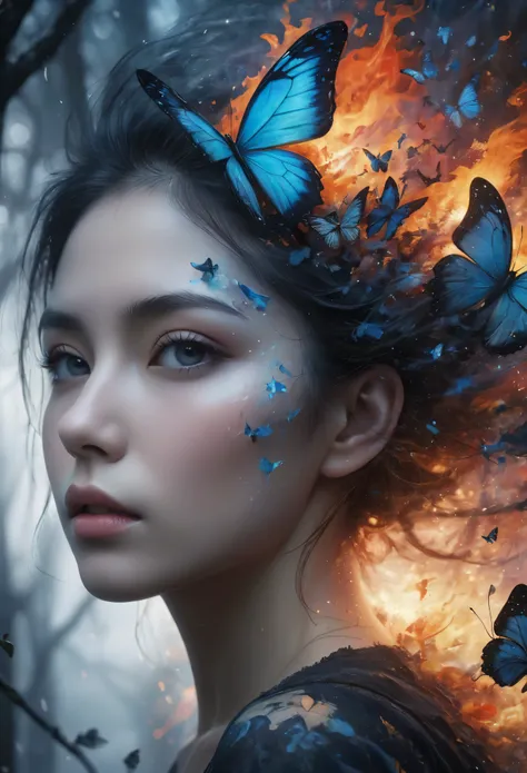 ((Masterpiece in maximum 16K resolution):1.6),((soft_color_photograpy:)1.5), ((Ultra-Detailed):1.4),((Movie-like still images and dynamic angles):1.3) | (double contact:1.3), Beautiful blue butterfly silhouette effect, Superimposed on Very Pretty Female《da...