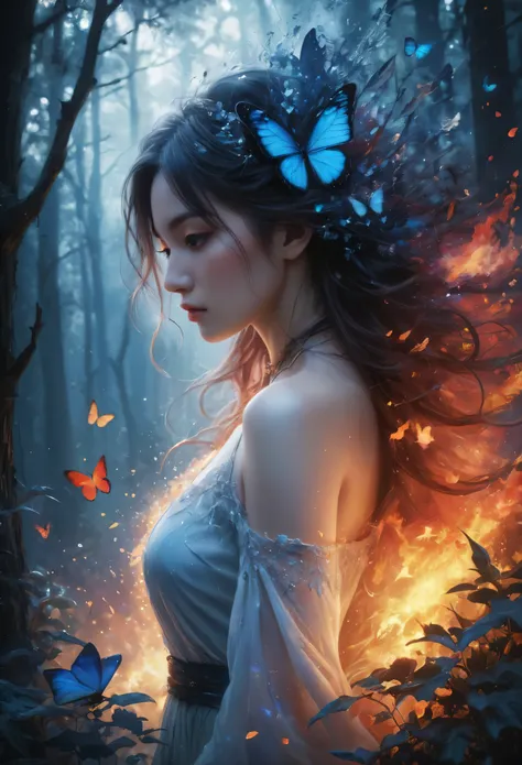 ((Masterpiece in maximum 16K resolution):1.6),((soft_color_photograpy:)1.5), ((Ultra-Detailed):1.4),((Movie-like still images and dynamic angles):1.3) | (double contact:1.3), Beautiful blue butterfly silhouette effect, Superimposed on Very Pretty Female《da...