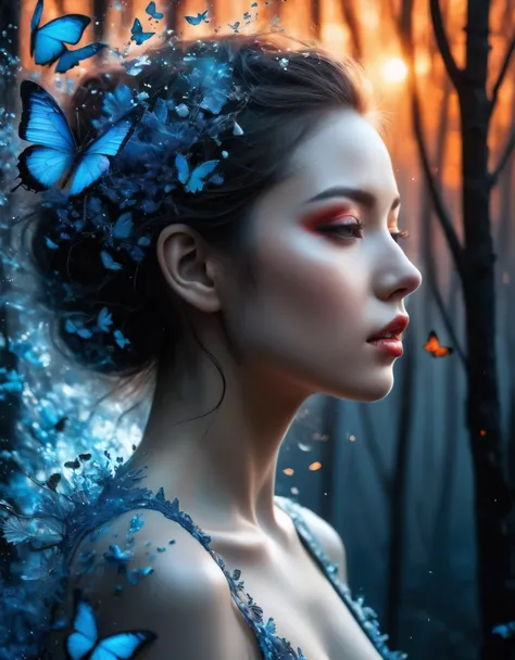 ((Masterpiece in maximum 16K resolution):1.6),((soft_color_photograpy:)1.5), ((Ultra-Detailed):1.4),((Movie-like still images and dynamic angles):1.3) | (double contact:1.3), Beautiful blue butterfly silhouette effect, Superimposed on Very Pretty Female《da...