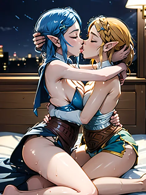 Masterpiece, stunning realistic, movie sex scene, best quality, Sharpness, 2 girls, princess zelda, lying on top of each other, kissing in bed, large breasts,, tongue kiss, closed eyes,full body (2girls, Zelda), short tight dress, sleeveless, cityscape, he...