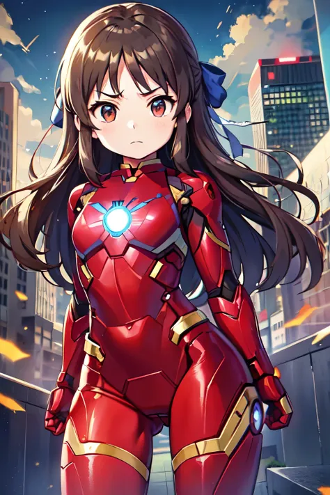 Primary school students、child、Long Hair、Small breasts、Small breasts、child体型、Angry、injured body、Blue ribbon、((damaged iron man suit、Crotch crack))、City of night、Rooftop、Boxing stance、8 year old 、Realistic body、battlefield、Fight the enemy