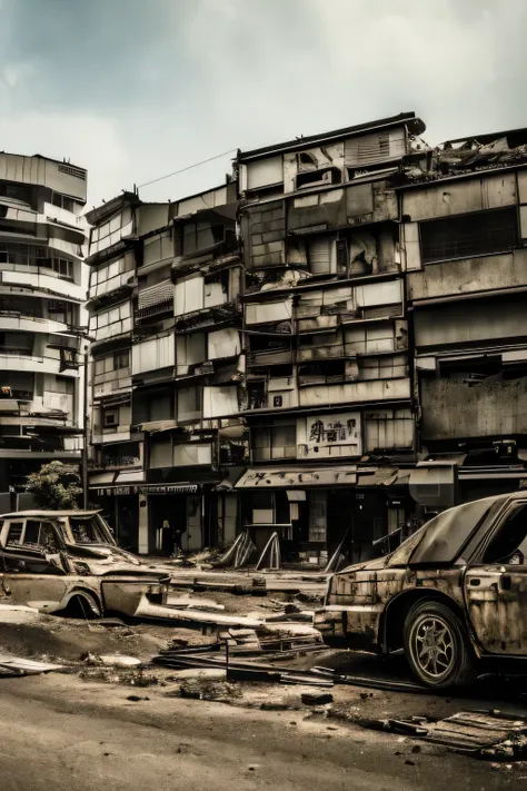 no human, japan shibuya, abandoned city, war, dust, smoke, landscape, barricade, post apocalypse, wrecked buildings, ruin drum b...