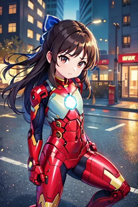 Primary school students、child、Long Hair、Small breasts、Small breasts、child体型、Angry、injured body、Blue ribbon、((damaged iron man suit、Crotch crack))、City of night、Rooftop、Boxing stance、8 year old 、Realistic body、battlefield、Fight the enemy、A body covered in s...
