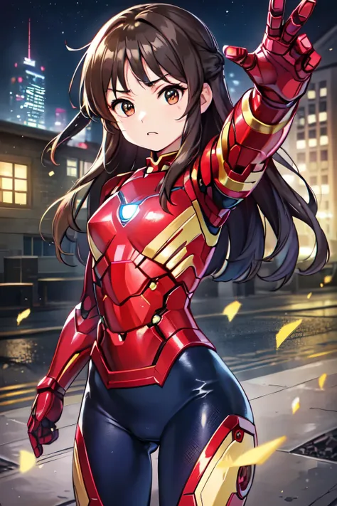 Primary school students、child、Long Hair、Small breasts、Small breasts、child体型、Angry、injured body、Blue ribbon、((damaged iron man suit、Crotch crack))、City of night、Rooftop、Boxing stance、8 year old 、Realistic body、battlefield、Fight the enemy、A body covered in s...