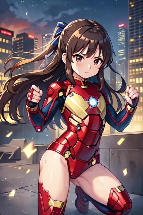 Primary school students、child、Long Hair、Small breasts、Small breasts、child体型、Angry、injured body、Blue ribbon、((damaged iron man suit、Crotch crack))、City of night、Rooftop、Boxing stance、8 year old 、Realistic body、battlefield、Fight the enemy、A body covered in s...