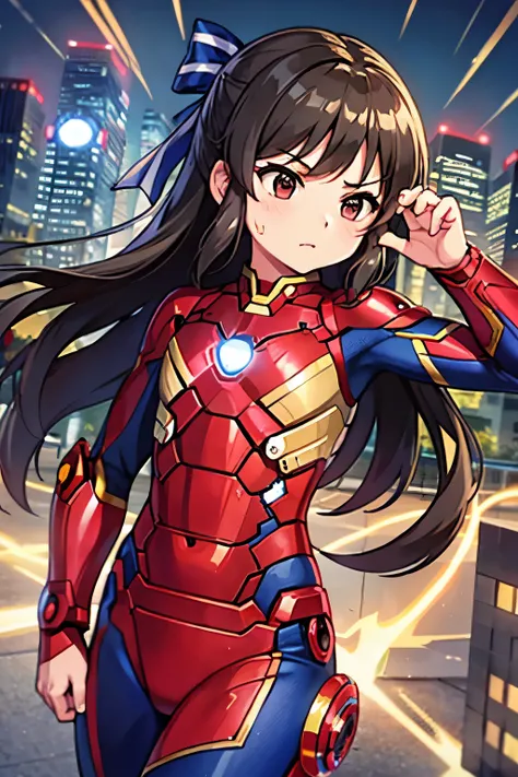 Primary school students、child、Long Hair、Small breasts、Small breasts、child体型、Angry、injured body、Blue ribbon、((damaged iron man suit、Crotch crack))、City of night、Rooftop、Boxing stance、8 year old 、Realistic body、battlefield、Fight the enemy、A body covered in s...