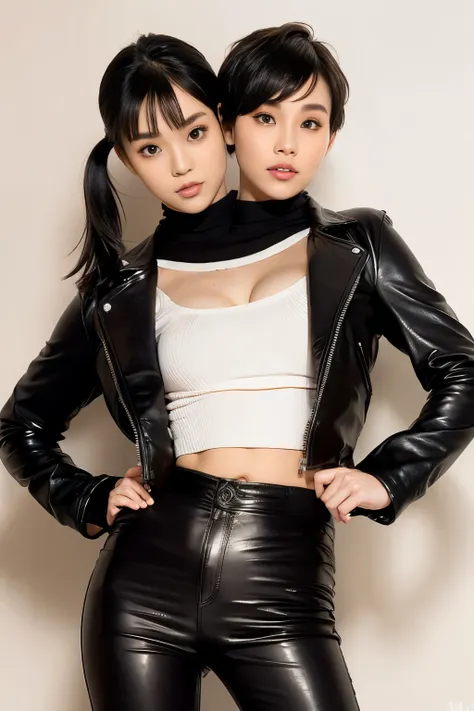 best resolution, 2heads,  korean woman with two heads , shades, pixie cut and ponytail,  different faces, leather jacket and pan...