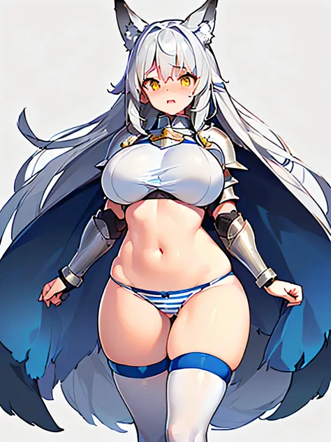 ((Masterpiece, 8k, High quality)),(female adult), (orange/yellow eyes), (((gray hair that is to neck length))), (fox ears), ((embarrassed)), HEIGHT 166 cm, WEIGHT 50 kg, BODY SIZE 33F-23-35, (((Big breasts, wide open big hips))), (((blue white stripes litt...