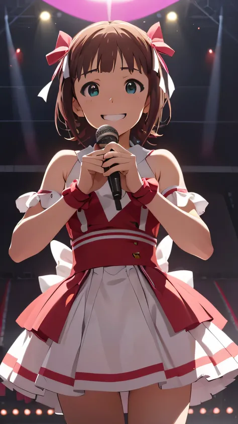 CG, Unity, 8k, wallpaper, highest quality, masterpiece, One girl, Cheerful girl, 17 years old, haruka amami, sing, Please open your mouth wide, Idol Pose, (Bright smile: 1.2), Small symmetrical ribbons on either side of the head, Best lighting, Complex pup...