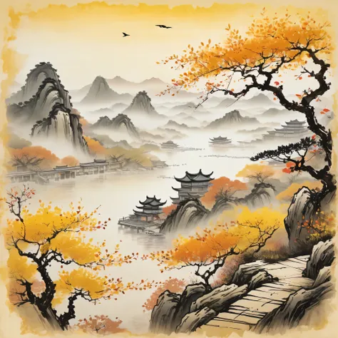 in the style of ancient Chinese painting, on old yellow paper, High detail, China landscape, fine drawing of contours, China landscape, view from the old mountain terrace, branch with autumn leaves, Man silhouette, in the distance there is a large river an...