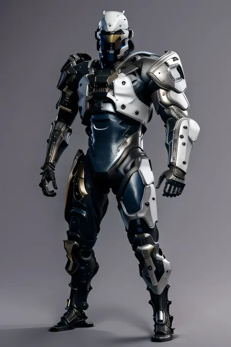 Male robot, Futuristic white plastic armor, facing sideways, striking a fighting pose, cyberpunk