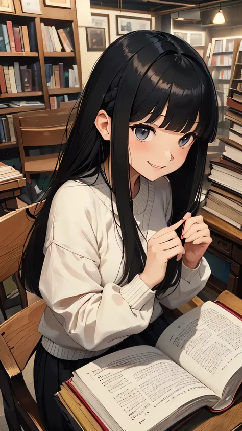 CG, Unity, 8k, wallpaper, highest quality, masterpiece, A woman with a gentle impression, (A kind smile: 1.5), (Long black hair, Shorn bangs, A hairstyle called Hime Cut: 1.5), break, White skin, break, deep blue eyes, break, White sweater, break, Black lo...