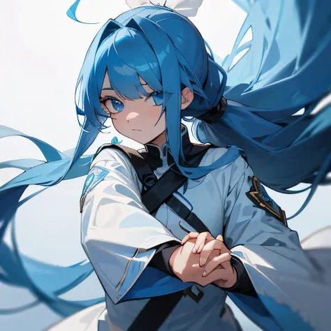 A blue-eyed angel boy with long blue hair in a ponytail with bangs that expose one eye and one eye that is hidden by a bang, and a blue-eyed and long-haired angel girl are holding hands