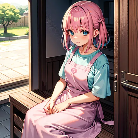 girl、blue eyes、Pink Hair、cute、she、I like you、family、Mom、titaid clothes、apron