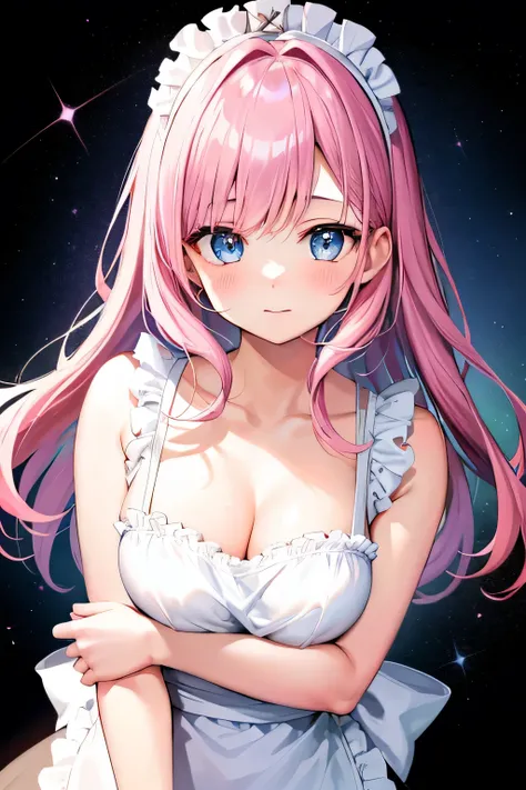 ((highest quality)), ((masterpiece)), (detailed), Perfect Face、girl、blue eyes、Pink Hair、cute、she、I like you、family、Mom、Breastfeeding、milk、Naked Apron、Upper Body