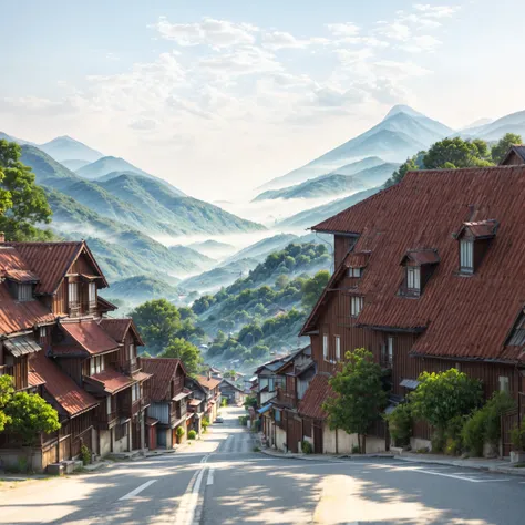 (no human), landscape, bluesky, hazy mountains in distance, houses, red roofs, street