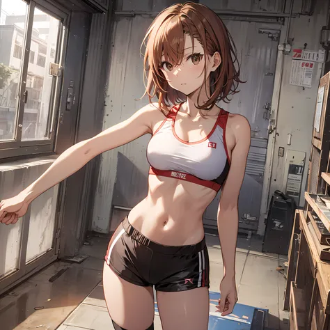 masterpiece, 4K, Best quality, Mikoto rose., From the ribbon, Play sports often, Latex shorts, Are standing, Arms crossed,、Cool look　sports gym　Random pose　shortcut　Brown eyes