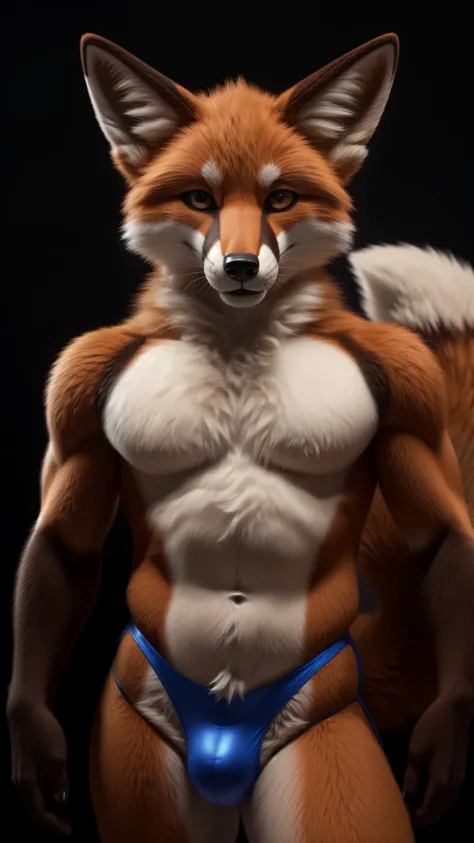 realistic fursuit fox male looking at the viewer (Sexy and tight thong),