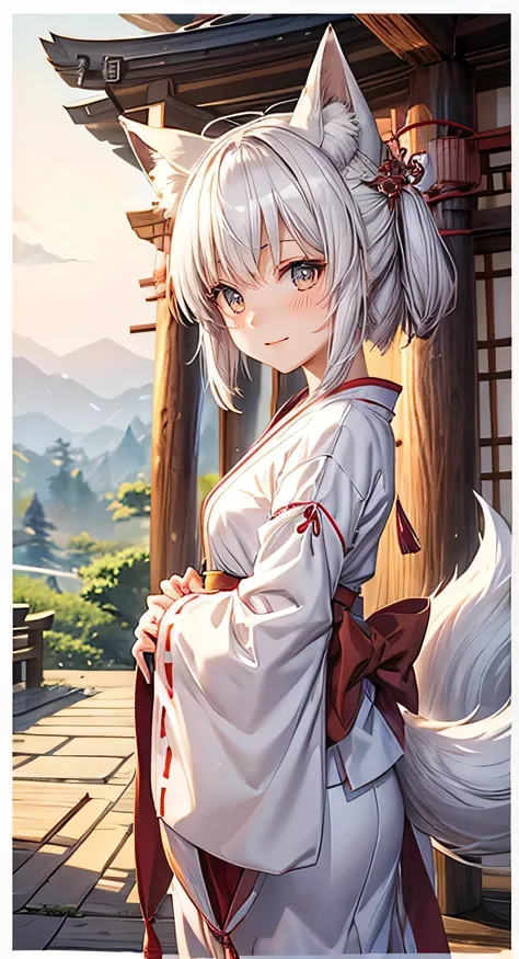 1 white fox girl with fox ears, 9 tails, japanese shrine background , short length, ，gentle smile，shy，blush，Hayao Miyazaki style