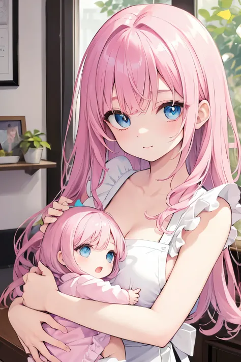 ((highest quality)), ((masterpiece)), (detailed), Perfect Face、blue eyes、Pink Hair、cute、she、I like you、family、Mom、Breastfeeding、Naked Apron、Upper Body