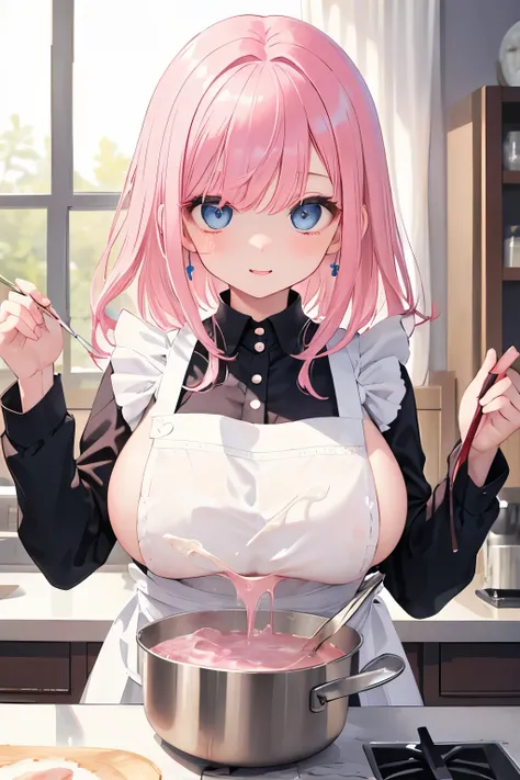 ((highest quality)), ((masterpiece)), (detailed), Perfect Face、Naughty、blue eyes、Pink Hair、cute、she、I like you、family、Mom、Breast milk、Naked Apron、Upper Body