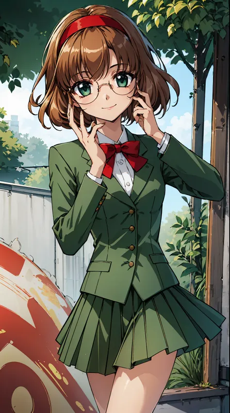 fuu hououji,1girl,short hair,light brown hair,glasses,((red hairband)),green blazer,mini skirt,smile,masterpiece,noise reduction...