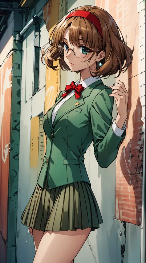 fuu hououji,1girl,short hair,light brown hair,glasses,((red hairband)),green blazer,mini skirt,masterpiece,noise reduction,perfe...