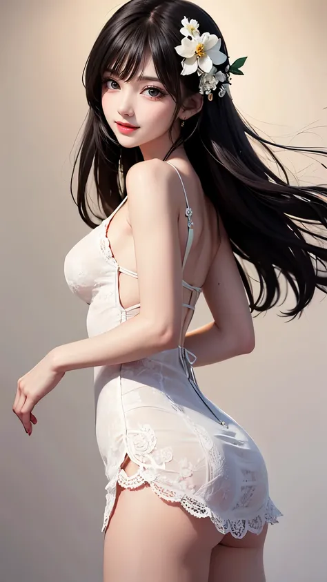 （Very delicate and beautiful：1.2）Supermodel,,Big Breasts,Beautiful breasts,Tight waist、Small Ass、Sensual,highest quality, High resolution, 8k,, Sharp details, White floral lace dress、21 years old、smile、Slim figure、Black Hair、Long Hair、bangs