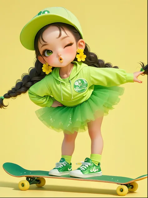 1 Girl, Wearing a bright yellow-green baseball uniform, Green Sequined Tulle Skirt, Green baseball cap, Double bun and flower earrings, Green sneakers, strike a playful pose, Standing on a skateboard, (Close one eye:1.3), Green Eyes, Cute ears, Pouting cut...