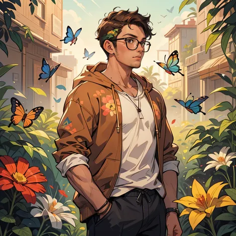 19 year old male,men,sexy men, sexy boy,sexy male,alone,brown hair,short hair, with glasses, brown hoodie, brown clothes,surrounded by flowers and butterflies of many colors,multicolor background, colorful background,face photo,perfil photo