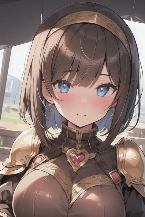 (best quality), (Super detailed), (Best Illustration), (woman), look at viewer, {(Ranger armor:1.2)}, (large breasts), {(detailed eyes), (heart-shaped pupils), blue eyes}, {brown hair, (sideburns), (bob cut:1.3), curly hair, hairs between eyes, colored inn...