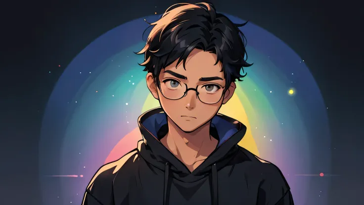 Anime style, gay boy, alone, glasses, black hair, short hair, black sweatshirt, shy, introvert, colorful background, multicolor background, rainbow background, face photo