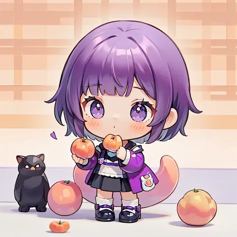 blind box, a cute girl eating a peach by holding it to her mouth，purple medium short hair