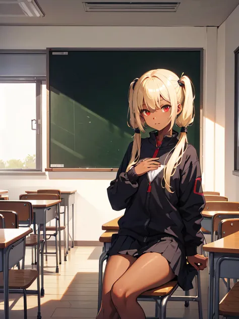 (masterpiece:1.2, highest quality), 1 Female, alone, , classroom, Day, sit, blonde, Twin tails, Red eyes, Open Collaboration, Dark Skin, (Open chest:1.1),