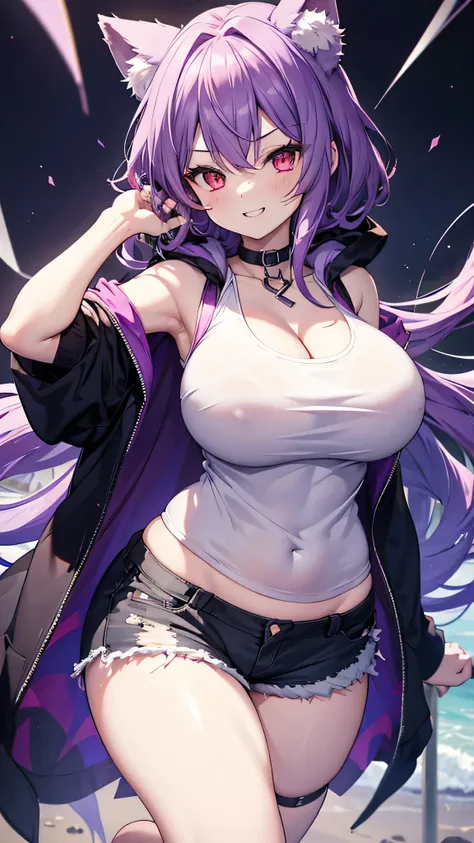 Wolf Girl, Large Breasts, Voluminous purple hair, masterpiece , Red eyes, hd, Thick thighs, Head to Chest, buried in my chest、Underboob、Double teeth、tooth、Tank top、Chubby、Grinning、Shorts、hoodie、