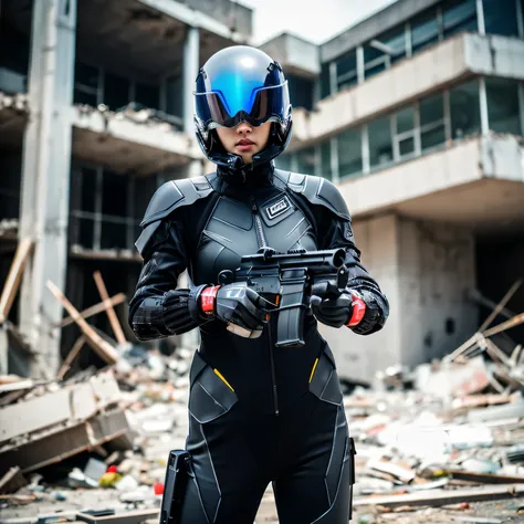 Masterpiece、One woman fighting、Near-future cyber-biosuit、Futuristic technical full-face helmet、Handgun in right hand、detailed、highest quality、Ready your gun?、Destroyed building