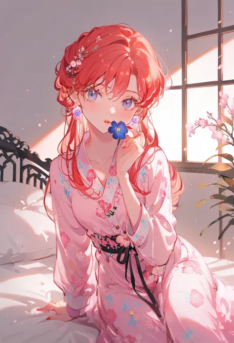 a woman sitting on the bed，wearing pink floral pajamas, red head girl, beautiful red head woman, red head woman, young red head ...