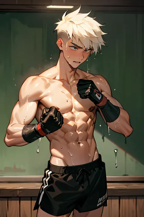 a shirtless confident 19-year old handsome caucasian male in faded haircut, mma gloves, fighting shorts, cute, handsome face, six-pack abs, beautiful body, well-defined body, dripping sweat, drenched with sweat, standing infront of a blackboard 
