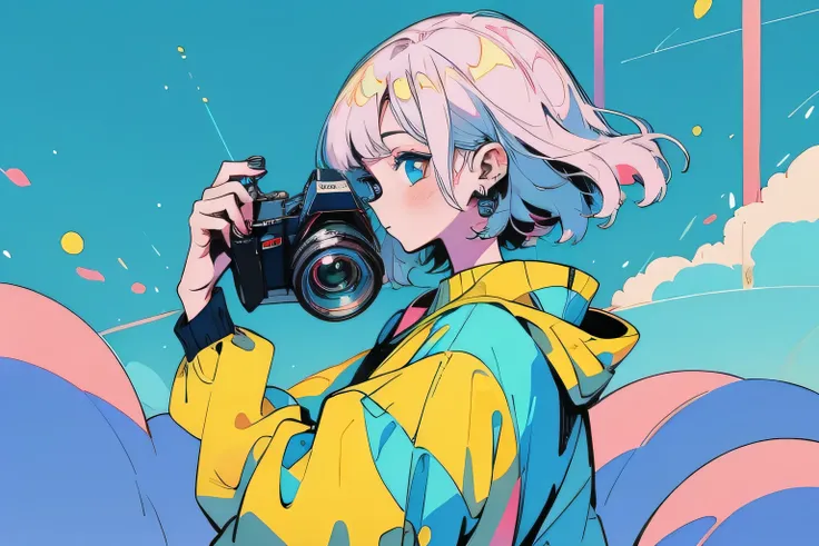 High quality, fantastic, bright colors, 2020s illustration, girl with camera, copic, --aspect 3:2