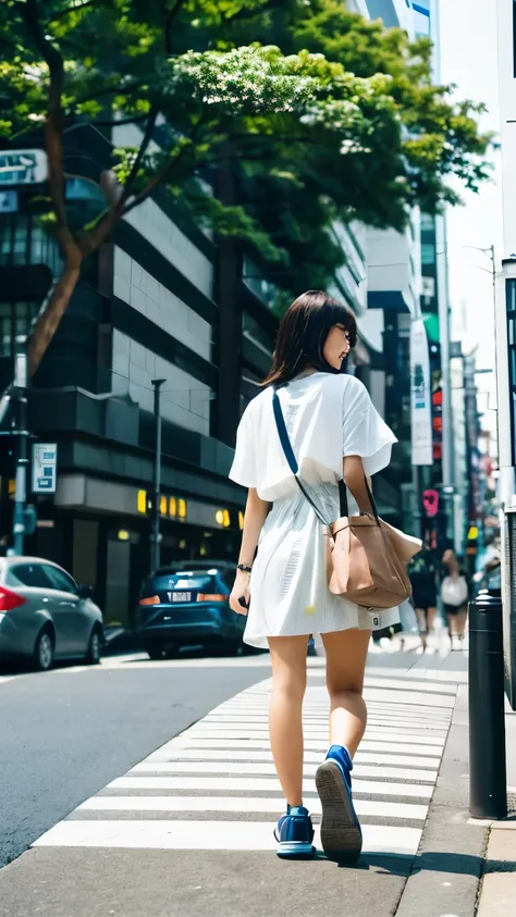 
Make a picture of a beautiful Asian woman walking on the sidewalk, in the city of Tokyo, with a billboard on her back that says "WELCOME RAINY JAM"