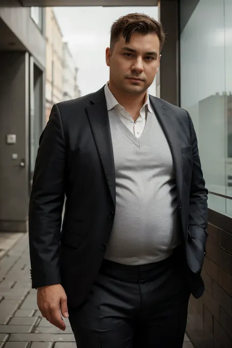 full-length photo of a man about forty, a little plump, in a suit with short hair, ashen hair, in casual clothes, On the background of the Warszawa