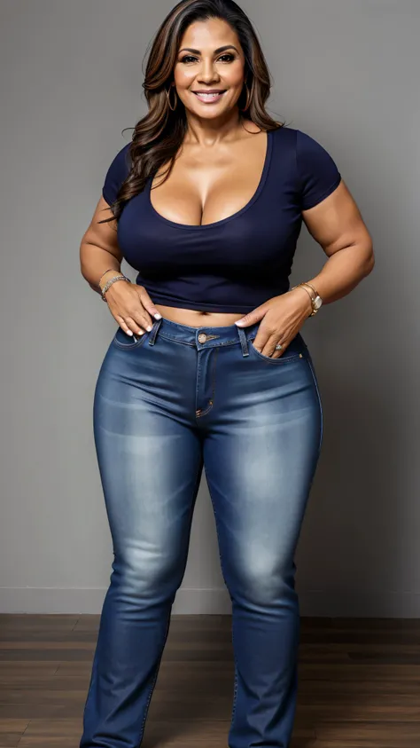 a beautiful 50-year-old Latin woman, dressed in casual clothing, with a beautiful and voluptuous body, the clothes she wears outline and highlight her body, tight jeans