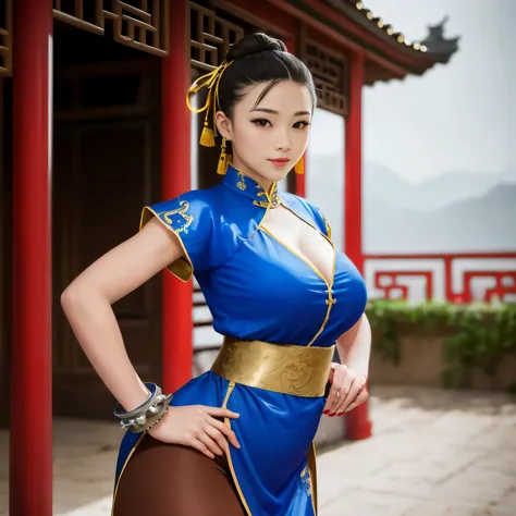 1girl, chun li, cute smiling, huge eyes, (curvy, thick form, small breasts, round ass, (short sized torso), medium mouth, very t...