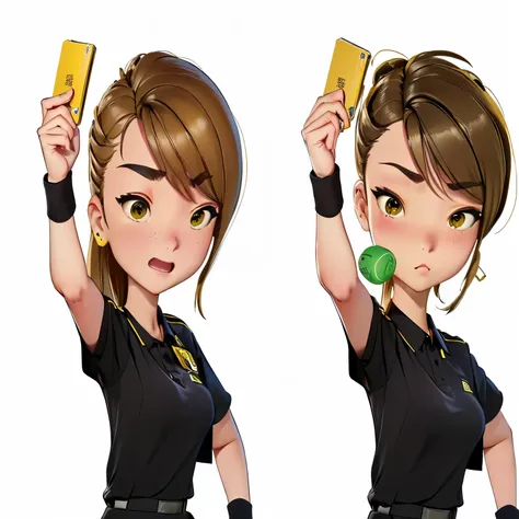 （,football referee、whistle）、(holding yellow card in hand)、（吹whistle)、从嘴里吹出的whistle、serious and focused expression、、professional ...